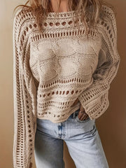 LIZAKOSHT - Hollow Out Cable-Knit Boat Neck Sweater