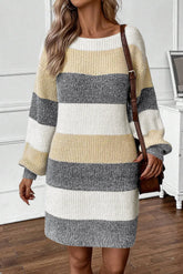 LIZAKOSHT - Color Block Boat Neck Long Sleeve Sweater Dress