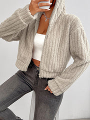 LIZAKOSHT - Zip Up Long Sleeve Fuzzy Hooded Jacket