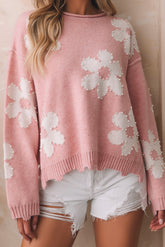 LIZAKOSHT - Pearl Trim Flower Round Neck Sweater