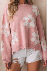 LIZAKOSHT - Pearl Trim Flower Round Neck Sweater