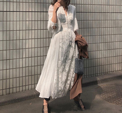 Lizakosht White Floral Embroidery Maxi Dress Vintage Boho Long Lantern Sleeve Dress Women V-neck Holiday Sexy Ladies Dresses