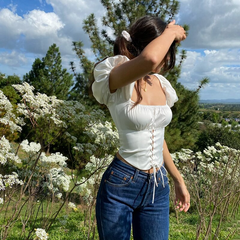 Lizakosht Stitched Puff Sleeve Short Top Women's Black  White Contrast Color Fake Two-piece Bandage Pleated Square-neck Top