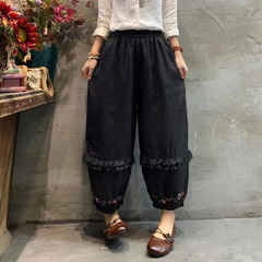 Lizakosht Mori series Japan style elastic waist casual ankle-length pants embroidery linen pants