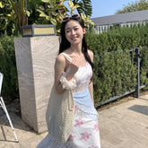 LIZAKOSHT - Women'S Vacation-Style Floral Check Dress with Lace Detail - Sleeveless, A-Line, Long Summer Dress for Adults, Lightweight Fabric, Perfect for Beach or Poolside, Beach Attire|Floral Print Dress|Lace Detailing, B