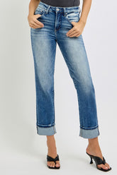 LIZAKOSHT  -  Full Size High Rise Crop Straight Roll Up Jeans