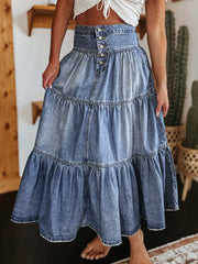 LIZAKOSHT - Tiered Button-Fly Denim Skirt
