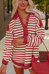 LIZAKOSHT - Stripe Johnny Collar Drop Shoulder Sweatshirt