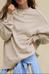 LIZAKOSHT - Side Slit Round Neck Long Sleeve Sweatshirt