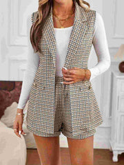 LIZAKOSHT - Tied Plaid Collared Neck Vest and Shorts Set