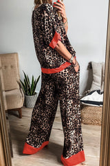 LIZAKOSHT  -  Contrast Trim Leopard Round Neck Top and Pants Lounge Set