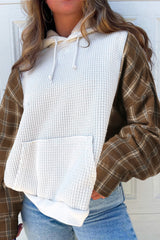 LIZAKOSHT - Waffle Knit Plaid Long Sleeve Kangaroo Pocket Hoodie