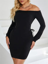 LIZAKOSHT  -  Lace-Up Off Shoulder Long Sleeve Mini Dress