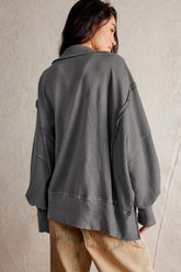 LIZAKOSHT - Exposed Seam Side Slit Long Sleeve Sweatshirt