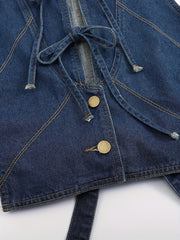 LIZAKOSHT - Women's Dark Denim Sleeveless Vest - Casual Spring/Summer Outerwear, Washed Jean Jacket with Adjustable Tie-Front, Functional Pockets, Outdoor Attire | Adjustable Front Tie | Woven Denim Texture