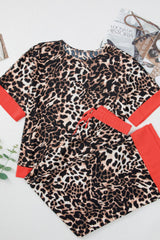 LIZAKOSHT  -  Contrast Trim Leopard Round Neck Top and Pants Lounge Set