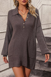 LIZAKOSHT - Collared Neck Long Sleeve Sweater Dress with Pockets