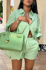 LIZAKOSHT - Women's Striped Print Pocket Split Hem Shorts Set, Casual Long Sleeve Collared Top & Elastic Waist Shorts, Summer Outfits 2024, Holiday Outfits 2024