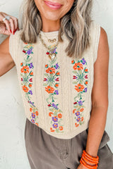 LIZAKOSHT - Embroidered Cable-Knit Round Neck Sweater Vest