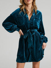 LIZAKOSHT - Collared Neck Button Down Long Sleeve Mini Dress