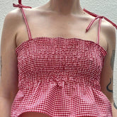 LIZAKOSHT - Y2K-Inspired Red & White Gingham Print Crop Camisole for Women - Sleeveless Tie-Strap Top with Ruffled Hem, Casual Streetwear & Clubwear, Machine Washable Polyester, Club Fashion Top | Offshoulder Camisole | Pol