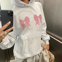 Lizakosht Harajuku Bow Print Loose Hoodies Autumn Casual Full Sleeve Hooded Sweatshirt Women Oversized Pullovers y2k Street Style