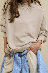 LIZAKOSHT - Side Slit Round Neck Long Sleeve Sweatshirt