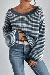 LIZAKOSHT - Striped Boat Neck Long Sleeve Sweater