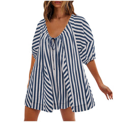 LIZAKOSHT - Womens Striped Romper Casual Loose Puff Sleeve Wide Leg Jumpsuit Overall with Pockets