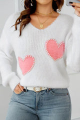 LIZAKOSHT - Heart V-Neck Long Sleeve Sweater