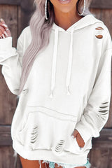 LIZAKOSHT - Distressed Drawstring Long Sleeve Hoodie