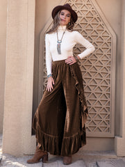 LIZAKOSHT - Ruffle Trim Wide Leg Slit Pants