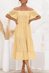 LIZAKOSHT - Plaid Off-Shoulder Tiered Midi Dress