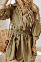 LIZAKOSHT - Smocked Johnny Collar Three-Quarter Sleeve Mini Dress