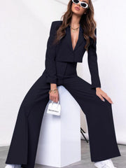 LIZAKOSHT - Lapel Collar Cropped Top and Wide Leg Pants Set