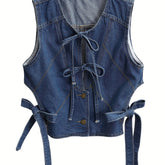 LIZAKOSHT - Women's Dark Denim Sleeveless Vest - Casual Spring/Summer Outerwear, Washed Jean Jacket with Adjustable Tie-Front, Functional Pockets, Outdoor Attire | Adjustable Front Tie | Woven Denim Texture