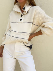 LIZAKOSHT - Waffle-Knit Half Button Long Sleeve Sweater