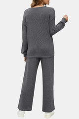 LIZAKOSHT - Round Neck Long Sleeve Top and Pants Set