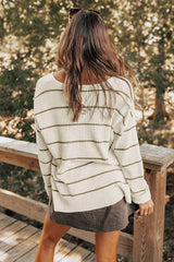 LIZAKOSHT - Striped V-Neck Drop Shoulder Sweater