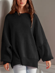 LIZAKOSHT - Double Take Side Slit Round Neck Long Sleeve Sweater