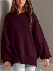 LIZAKOSHT - Double Take Side Slit Round Neck Long Sleeve Sweater