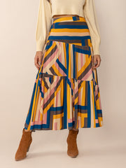 LIZAKOSHT - Ruched Elastic Waist Contrast Midi Skirt