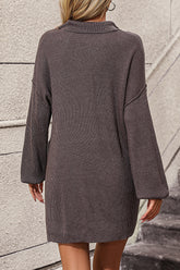 LIZAKOSHT - Collared Neck Long Sleeve Sweater Dress with Pockets