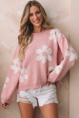 LIZAKOSHT - Pearl Trim Flower Round Neck Sweater