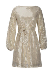 LIZAKOSHT  -  Sequin Tie Waist Long Sleeve Mini Dress