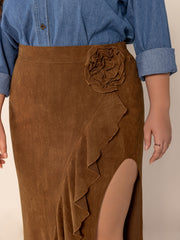 LIZAKOSHT - Plus Size Ruffled Slit High Rise Skirt