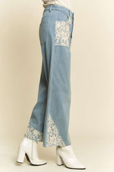 LIZAKOSHT - Davi & Dani Lace Applique Wide Leg Jeans
