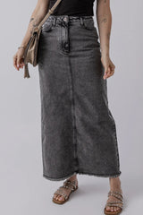 LIZAKOSHT - Raw Hem Midi Denim Skirt with Pockets