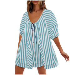LIZAKOSHT - Womens Striped Romper Casual Loose Puff Sleeve Wide Leg Jumpsuit Overall with Pockets