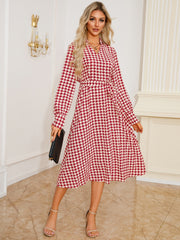LIZAKOSHT - Tied Houndstooth Long Sleeve Midi Dress